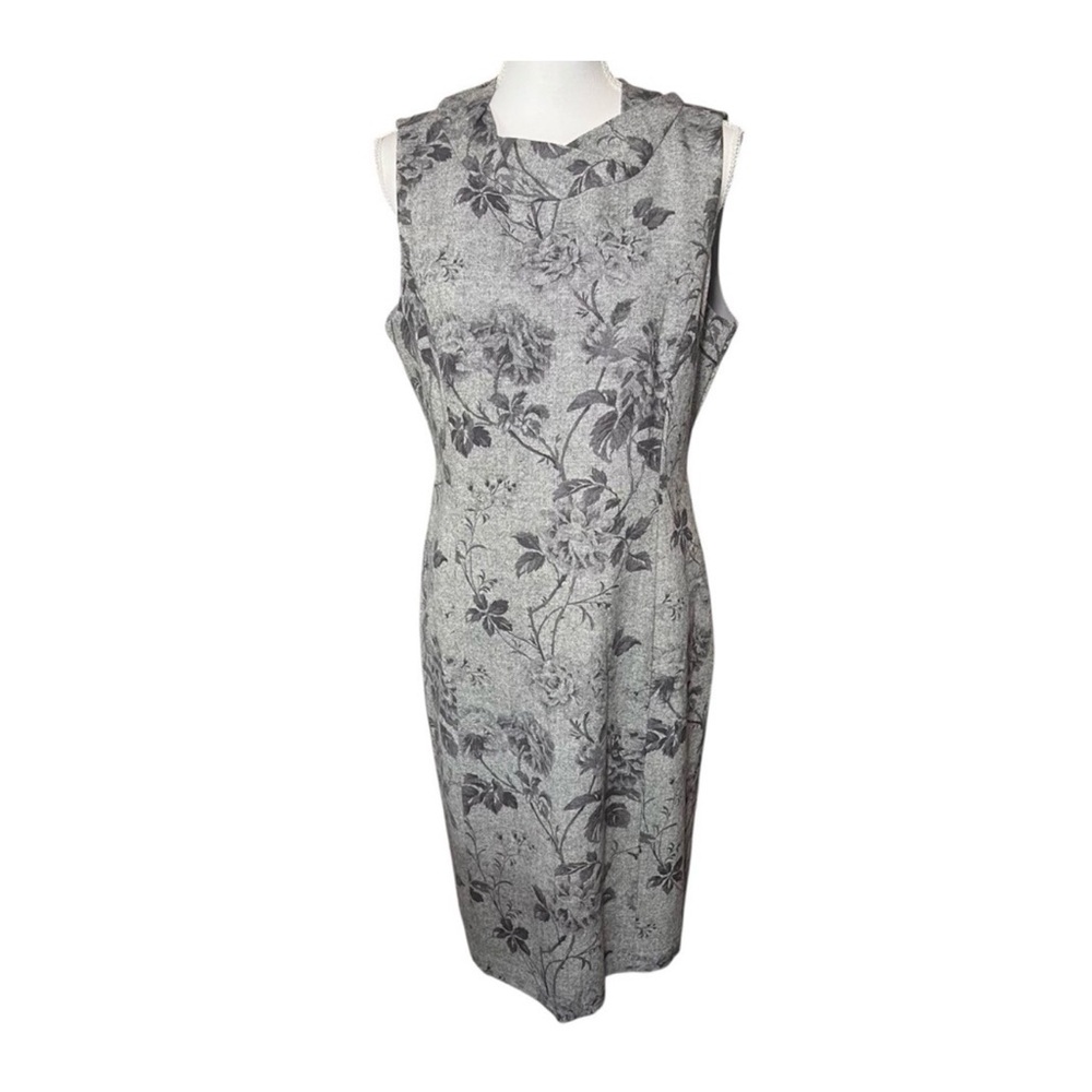 Talbots Wool Blend Gray Floral Sleeveless Mock Neck Sheath Midi Dress Size 10
